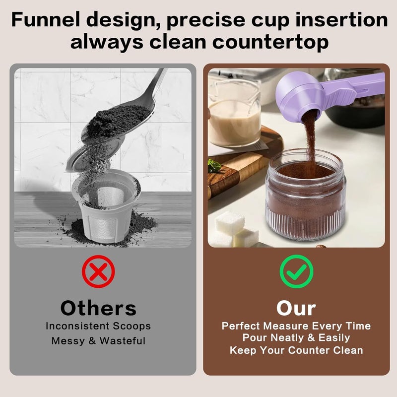 CEILUPY 2-in-1 Coffee Scoop with Funnel, 2 Teaspoon Measuring Spoon for Reusable Pods, Ground Coffee, Protein Powder & Tea, Mess-Free Plastic Design (Light Purple) - Image 3